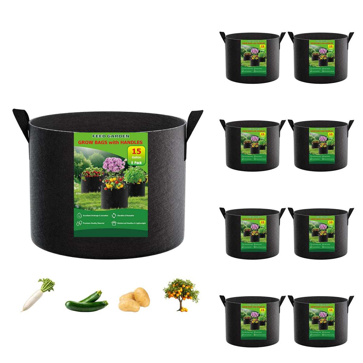 FEED GARDEN 15-gallon grow bag with reinforced handles for easy transport of heavy soil.