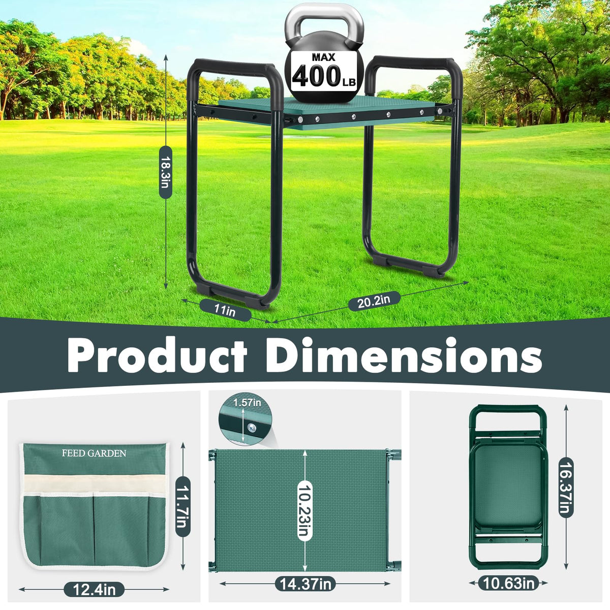 FEED GARDEN 2-in-1 kneeler and stool in use for easy mode switch.