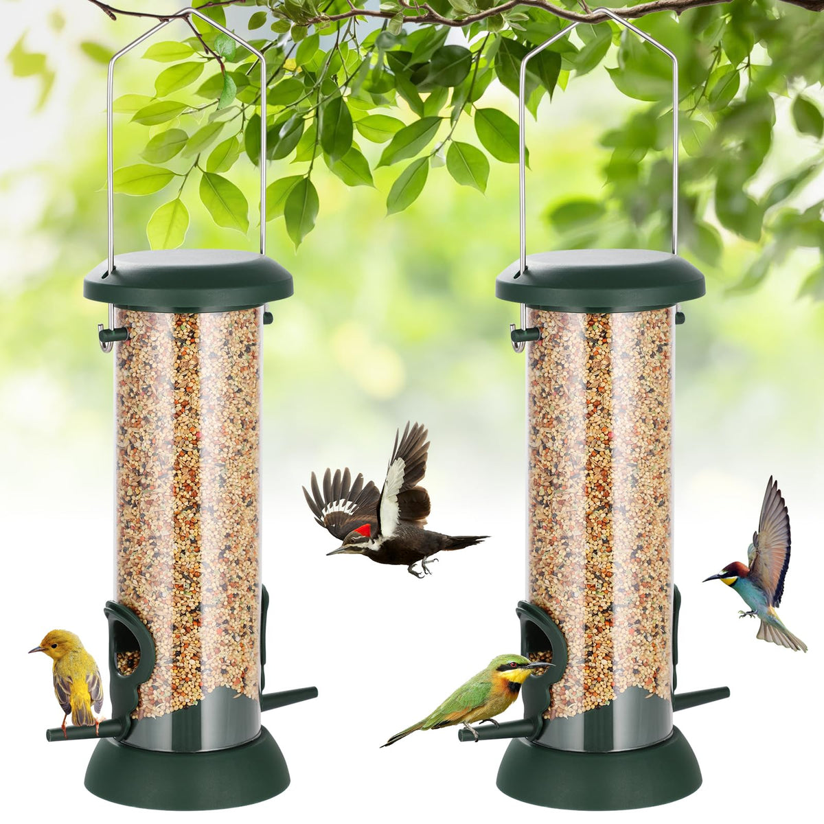 FEED GARDEN 2-pack tube bird feeders in green for easy outdoor hanging and group feeding.