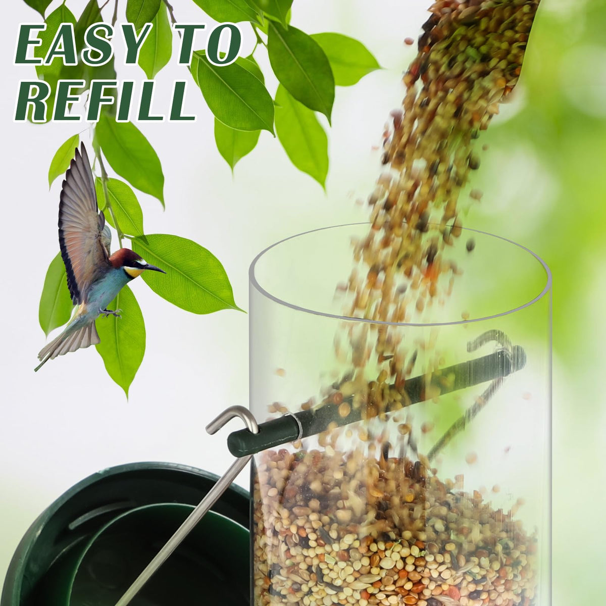FEED GARDEN 2-port feeder perches attract multiple birds at once, with clear seed monitoring.