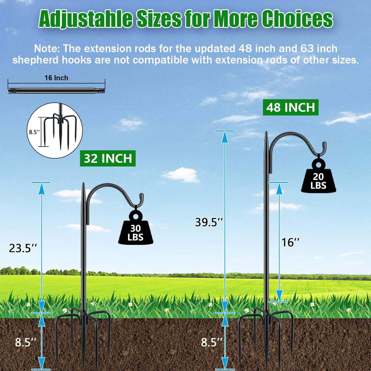 FEED GARDEN 48-inch adjustable pole provides flexible hanging heights for bird feeders.