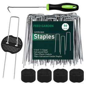 FEED GARDEN 6in stakes in packaging, ideal for securing landscape fabrics.