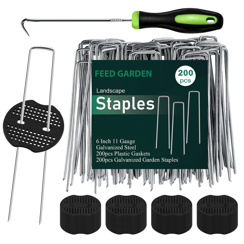 FEED GARDEN 6-inch staples for secure landscape fabric anchoring.