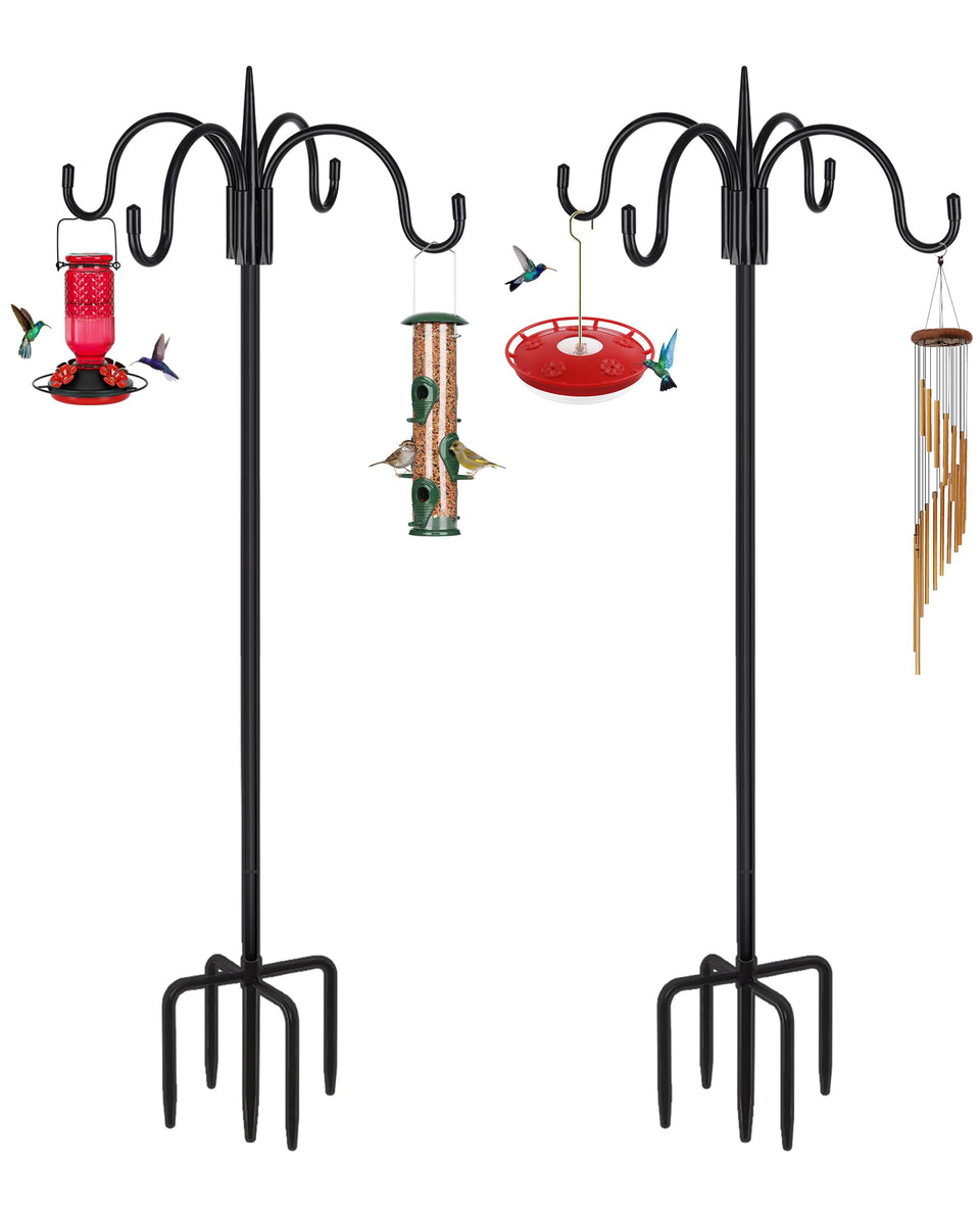 FEED GARDEN four-hook shepherd set displays bird feeders, planters, and decor.