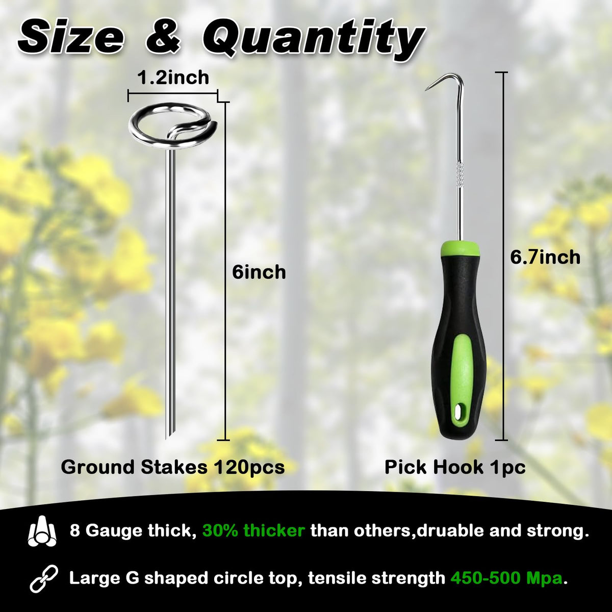 Close-up of FEED GARDEN 8G stake showing 4 mm diameter and rugged build
