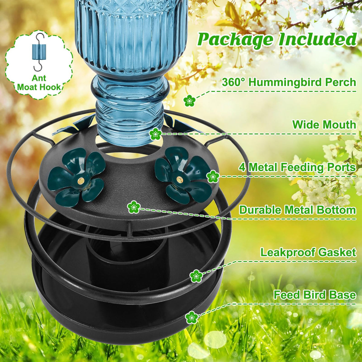FEED GARDEN feeder shows bee guards and ant moat deterring pests