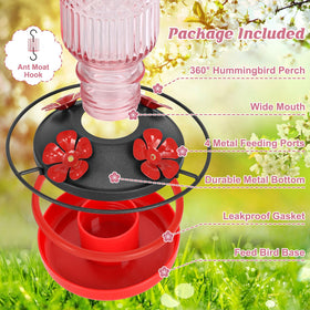 FEED GARDEN hummingbird feeder pink shows four bee-proof ports encouraging multiple birds.