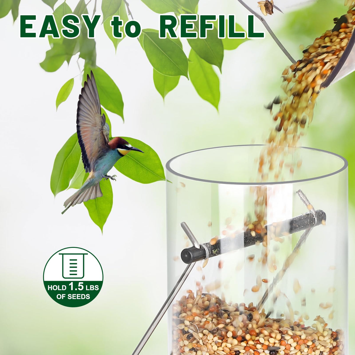 FEED GARDEN 15-inch tube offers ample seed capacity in a compact frame.