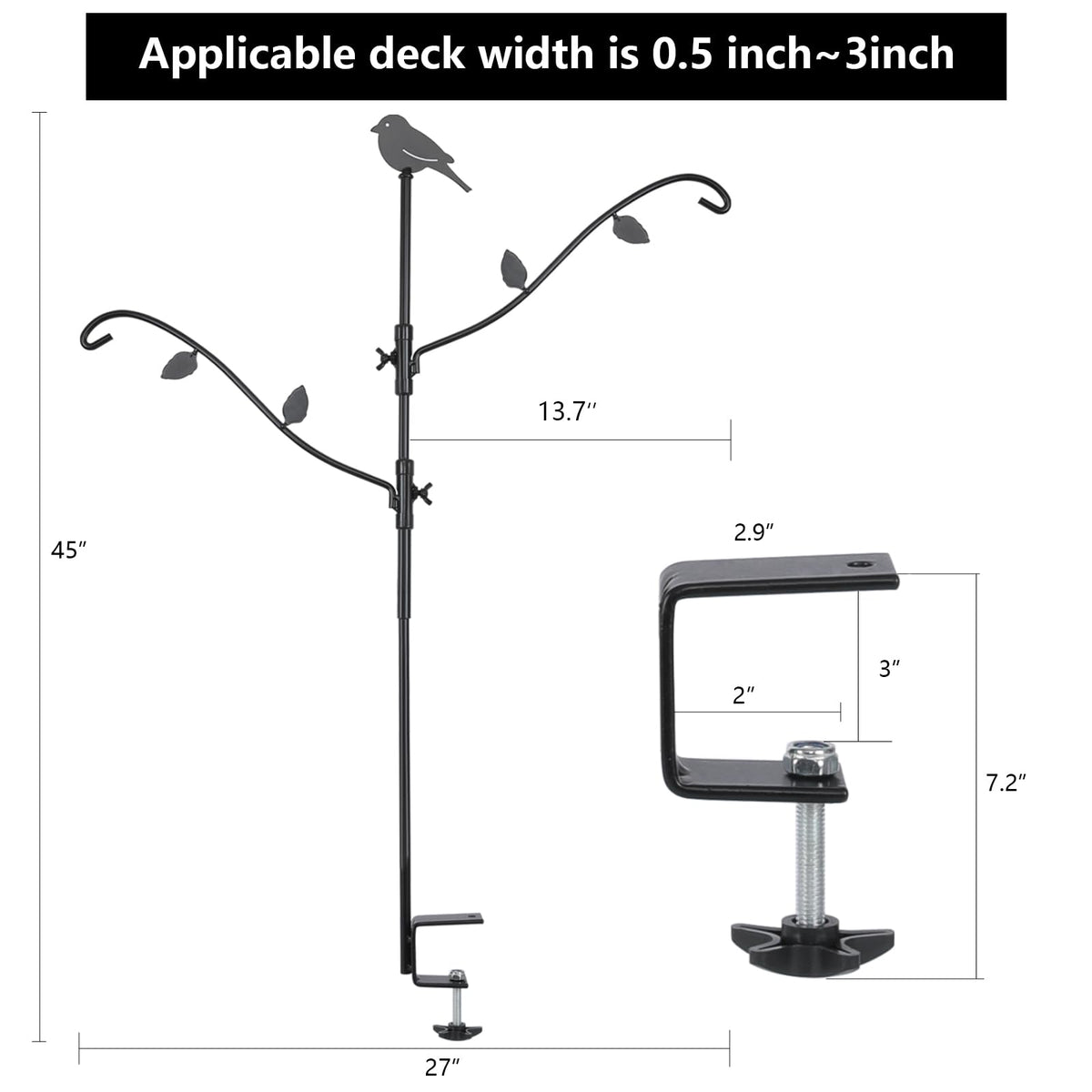 FEED GARDEN deck rail clamp holds pole steadily on deck rails up to 2.1 inches.
