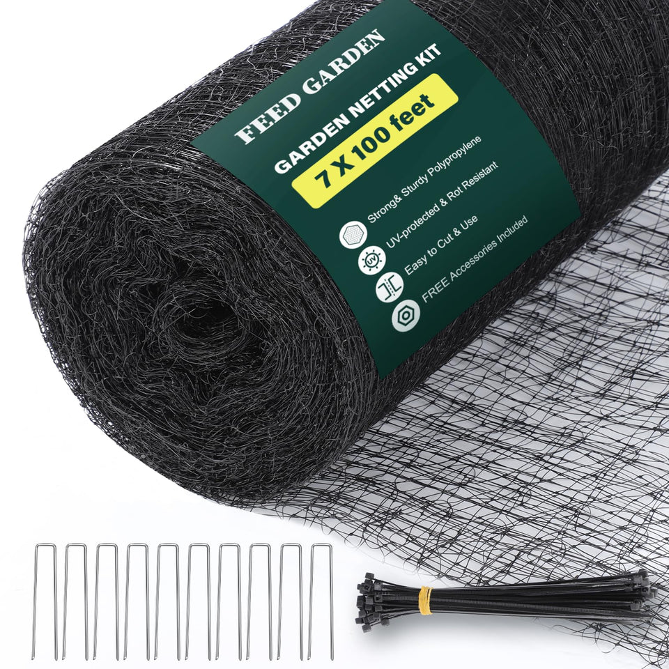 FEED GARDEN deer fence netting 7x100ft protecting crops with a sunny garden backdrop