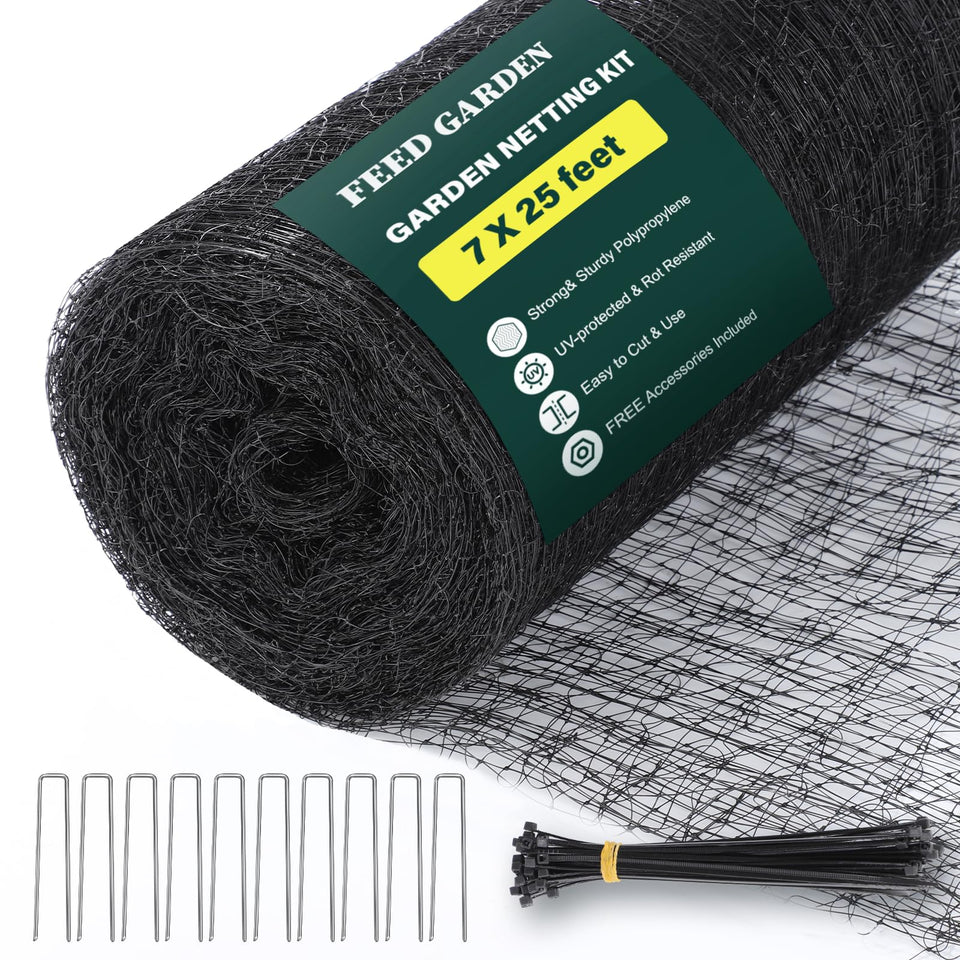 FEED GARDEN deer netting setup shows easy one-person installation