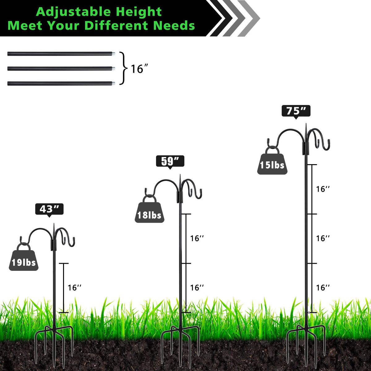 FEED GARDEN five-prong base adds ground stability in windy conditions.