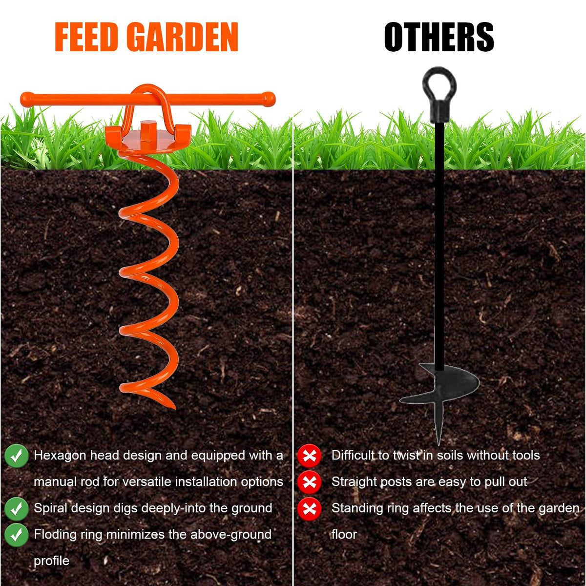 FEED GARDEN foldable-ring stakes keep outdoor setups neat and safe