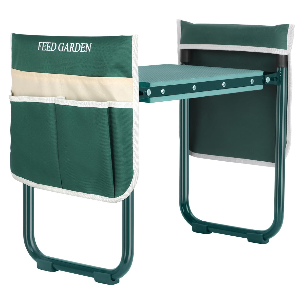 FEED GARDEN garden kneeler and seat folded for compact storage and portability.