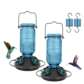 FEED GARDEN Glass Hummingbird Feeder, front view in blue with 16 oz capacity for steady nectar supply