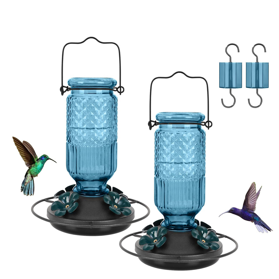 FEED GARDEN Glass Hummingbird Feeder, front view in blue with 16 oz capacity for steady nectar supply