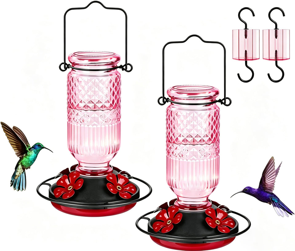 FEED GARDEN glass hummingbird feeder 16 oz pink, two-pack for outdoor viewing