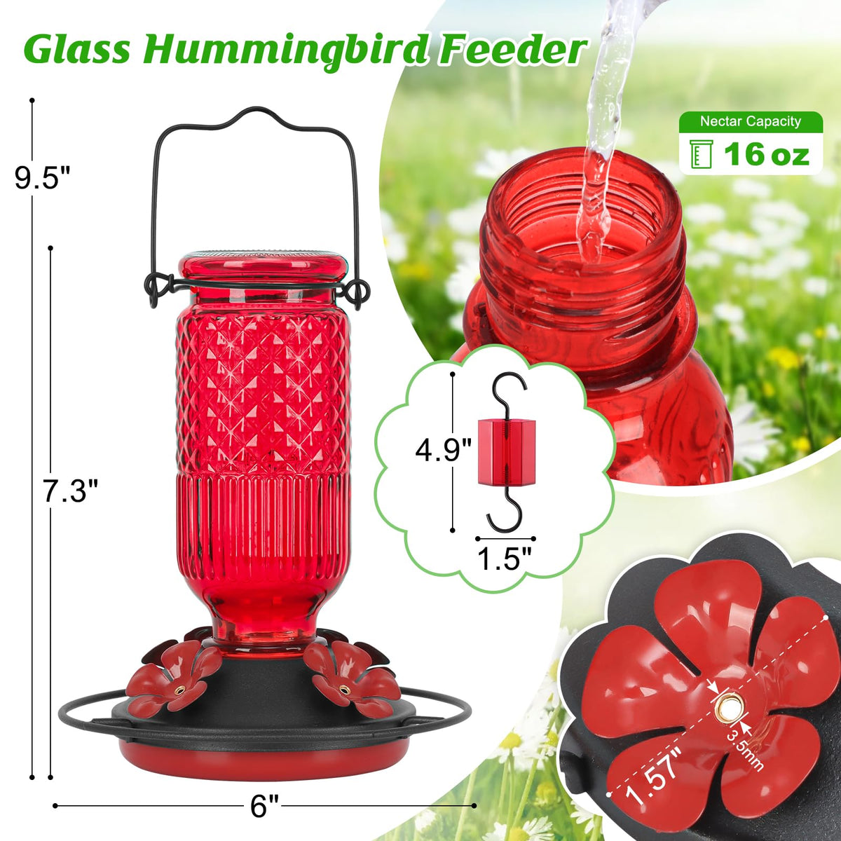 FEED GARDEN glass hummingbird feeder ant moat keeps pests away while feeding.