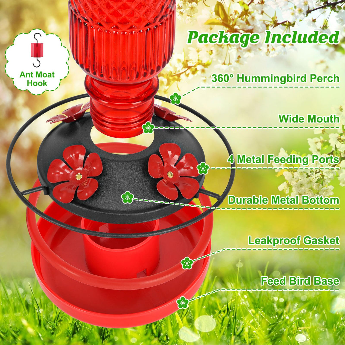 FEED GARDEN glass hummingbird feeder bee guards protect nectar from bees.
