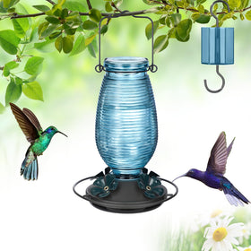 FEED GARDEN glass hummingbird feeder in blue outdoors attracts hummingbirds