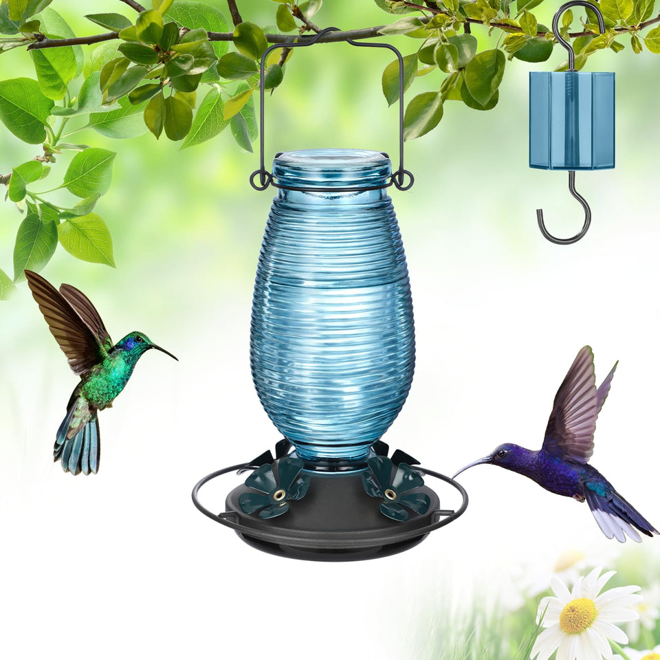 FEED GARDEN glass hummingbird feeder in blue outdoors attracts hummingbirds