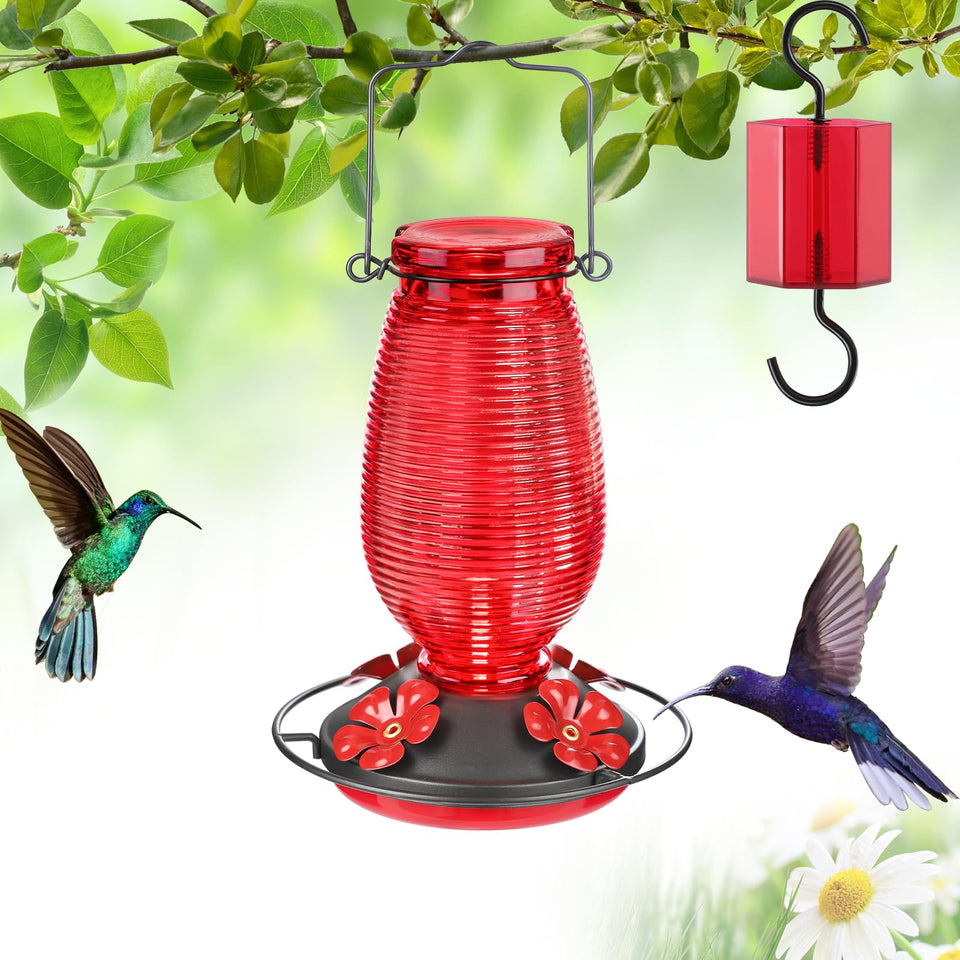 FEED GARDEN glass hummingbird feeder outdoors with spill-free design
