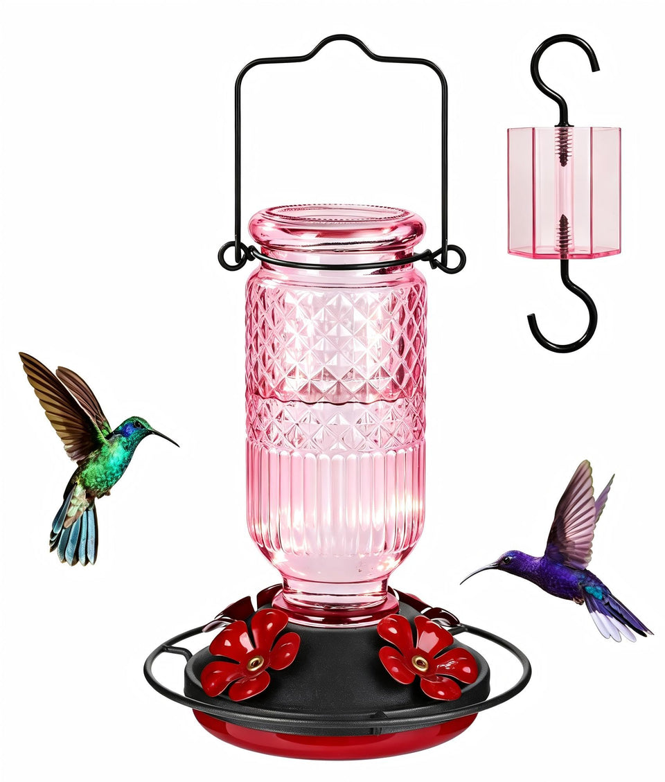 FEED GARDEN Glass Hummingbird Feeder pink demonstrates 16oz capacity for extended garden feeding.