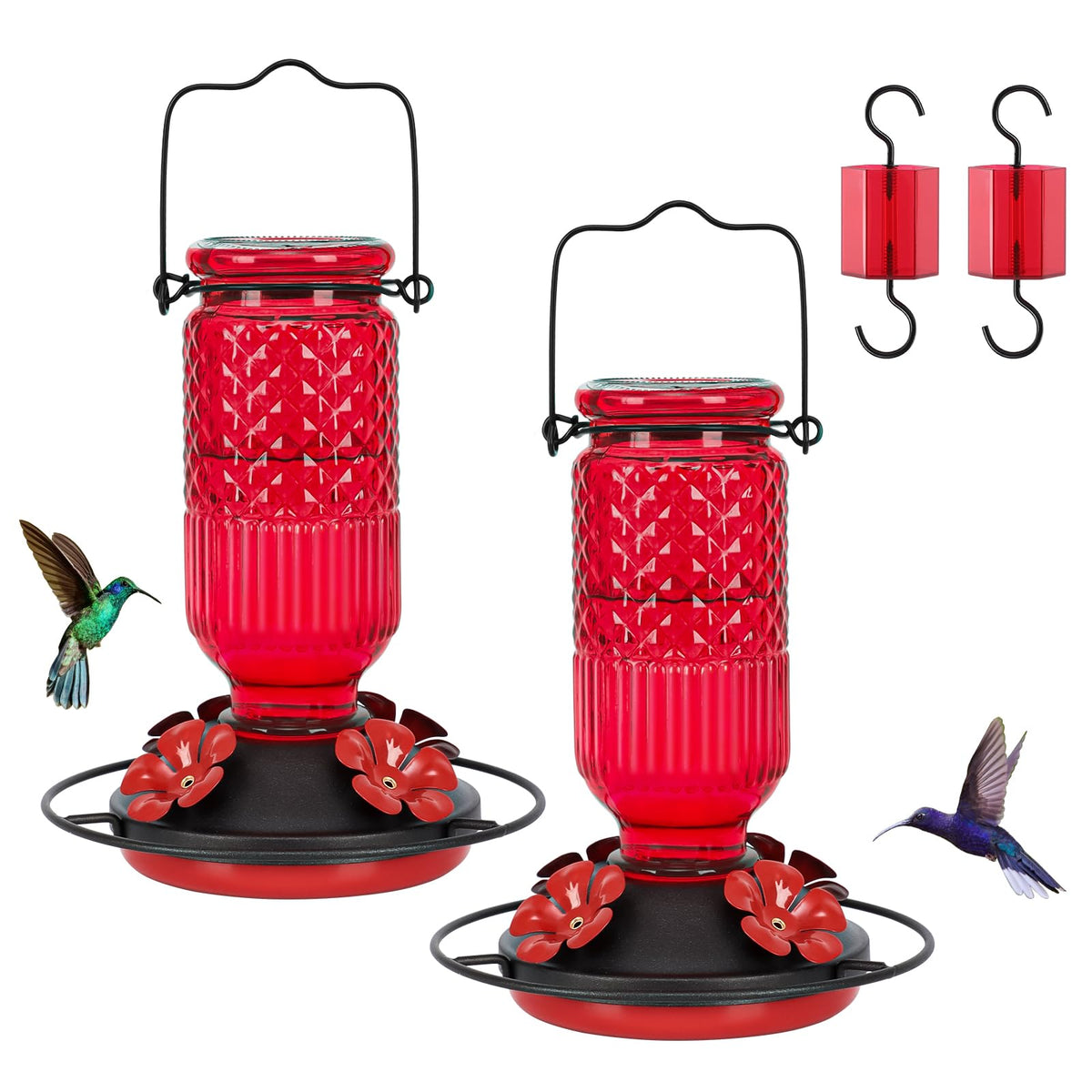 FEED GARDEN glass hummingbird feeder ports for multiple birds and easy nectar access.