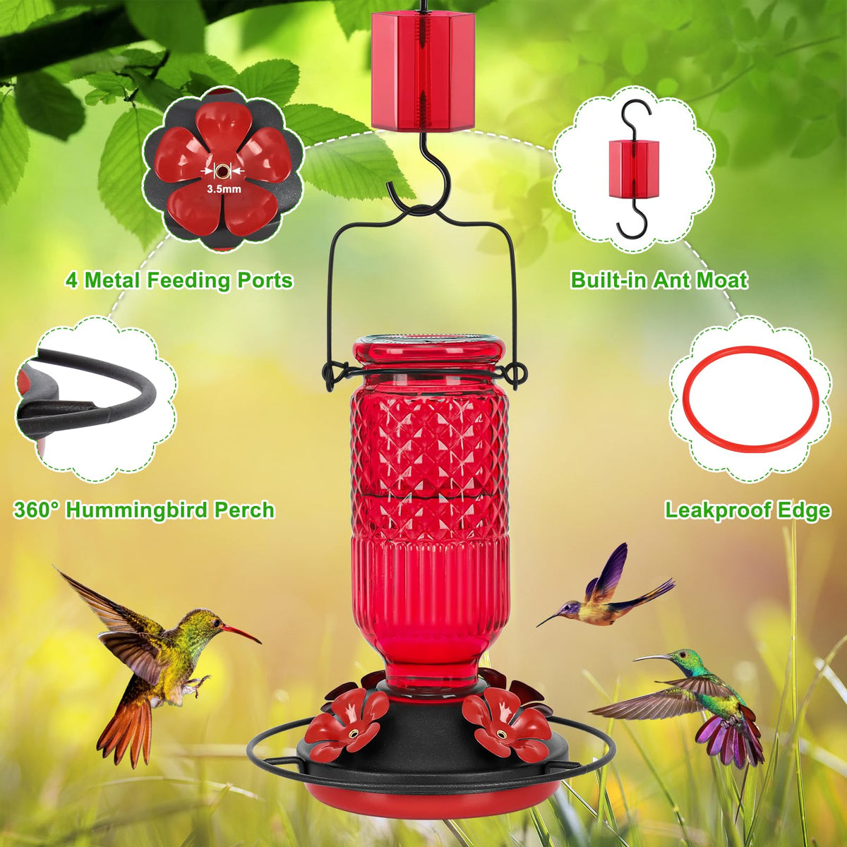 FEED GARDEN glass hummingbird feeder wide mouth simplifies cleaning and refilling.