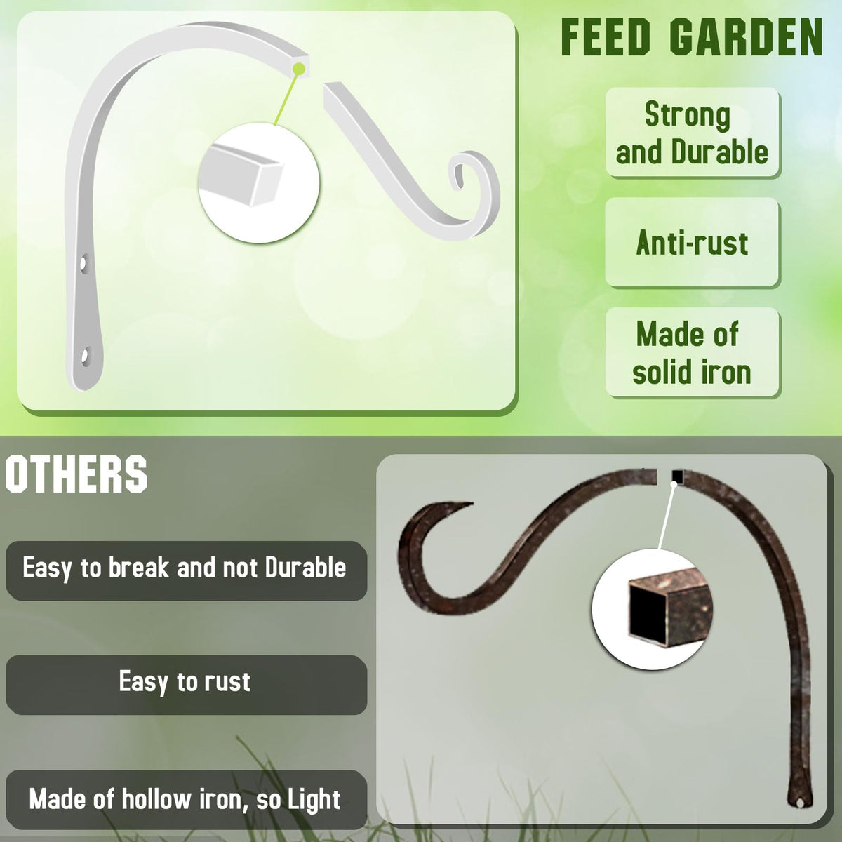 FEED GARDEN bracket holding a hanging basket on a patio.