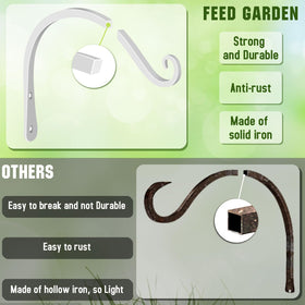 FEED GARDEN bracket holding a hanging basket on a patio.