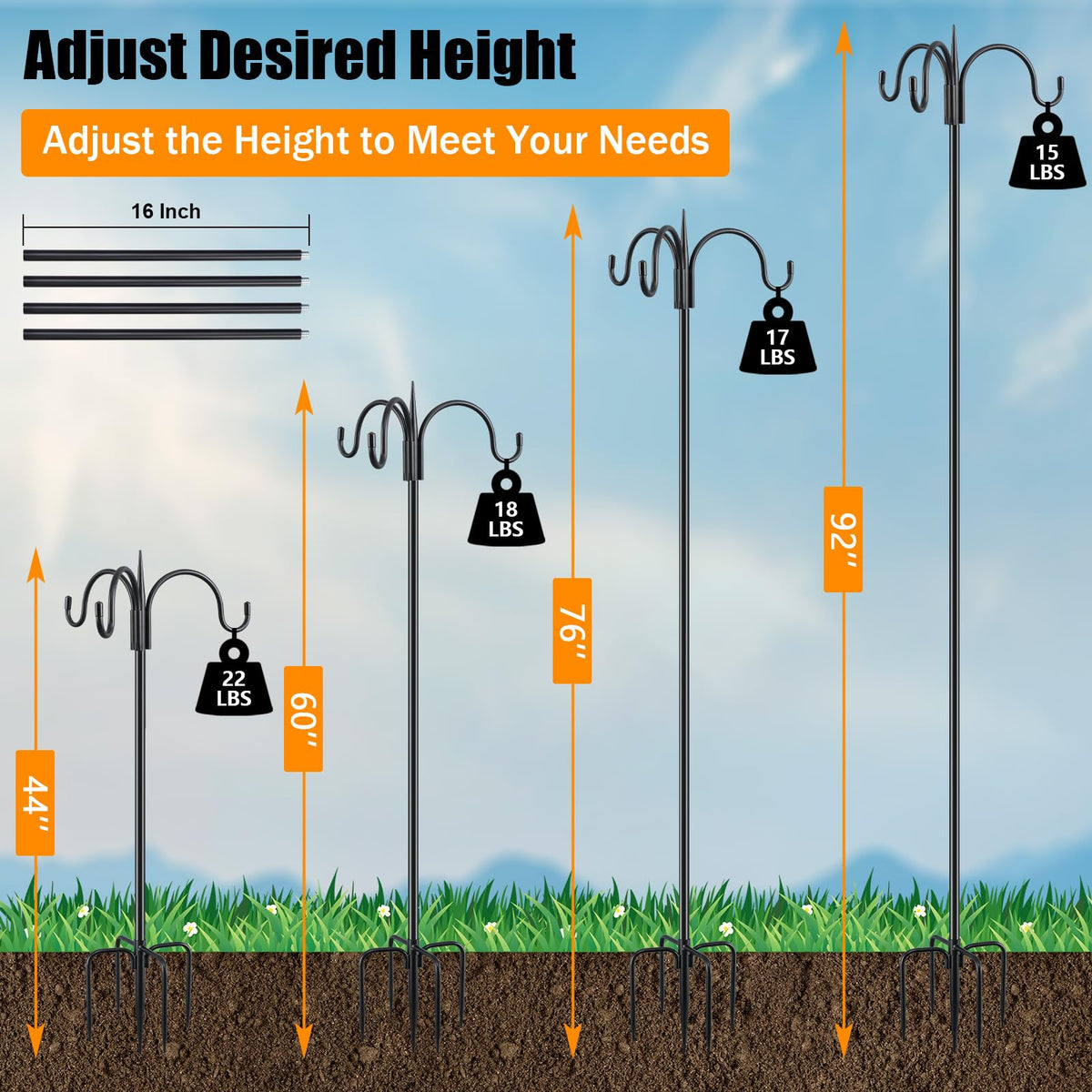 FEED GARDEN height adjustable shepherd hook lets you set 44 to 92 inches.