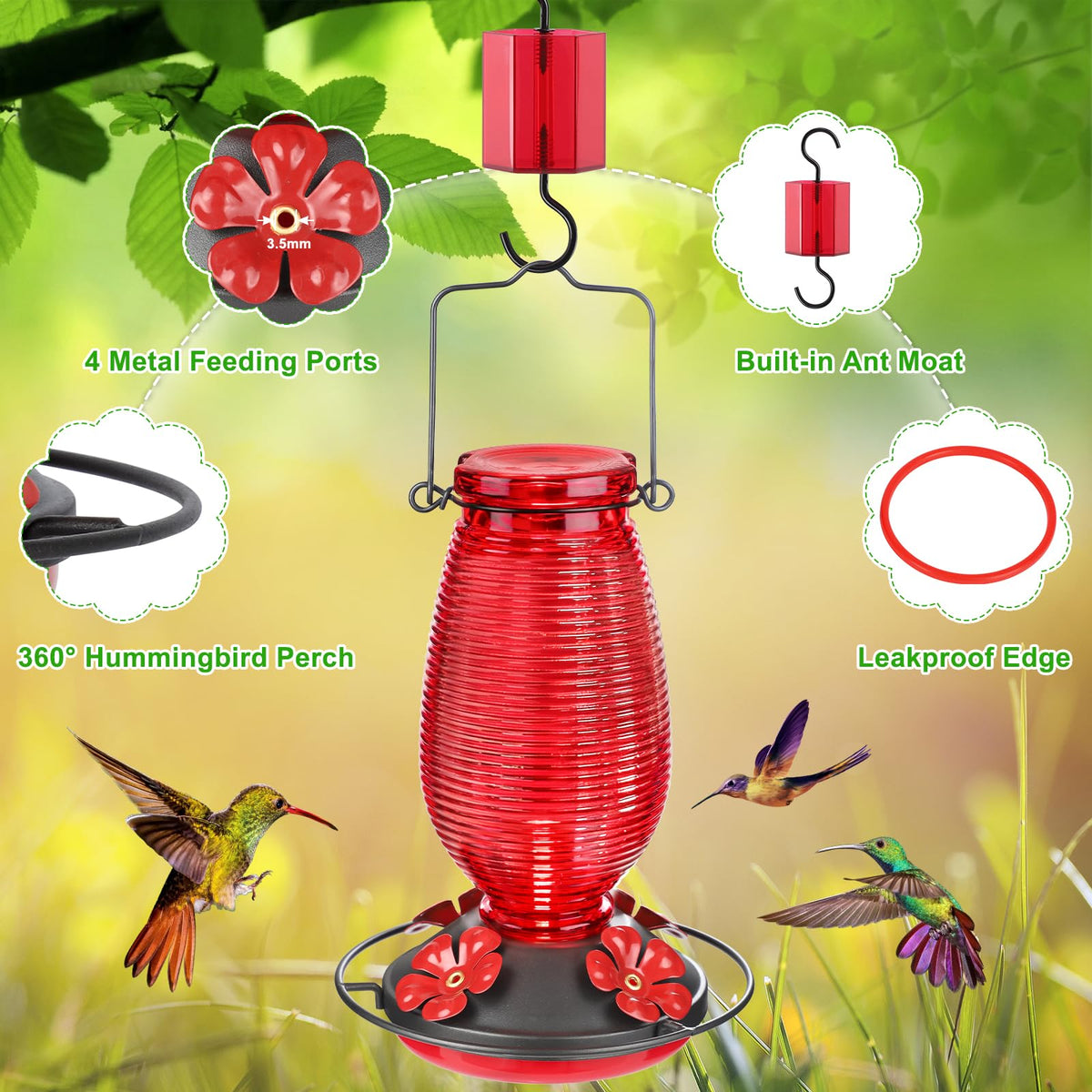 Built-in ant moat on FEED GARDEN hummingbird feeder keeps nectar clean