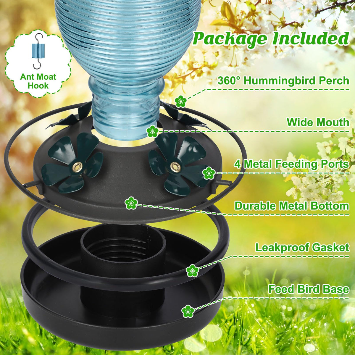 BPA-free base of FEED GARDEN glass hummingbird feeder for safe use