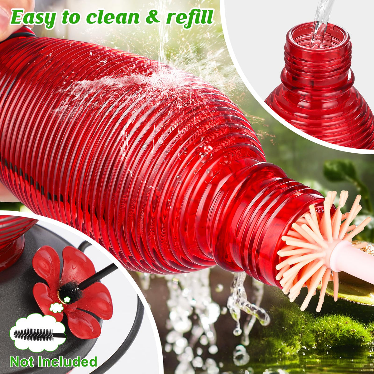 Wide-mouth bottle on FEED GARDEN feeder for easy cleaning and refilling