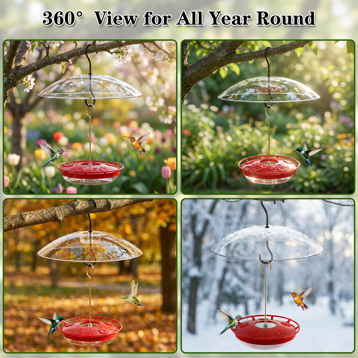 FEED GARDEN hummingbird feeder durable plastic withstands sun and rain.