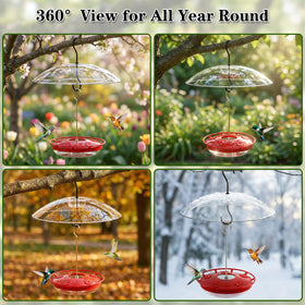 FEED GARDEN hummingbird feeder durable plastic withstands sun and rain.