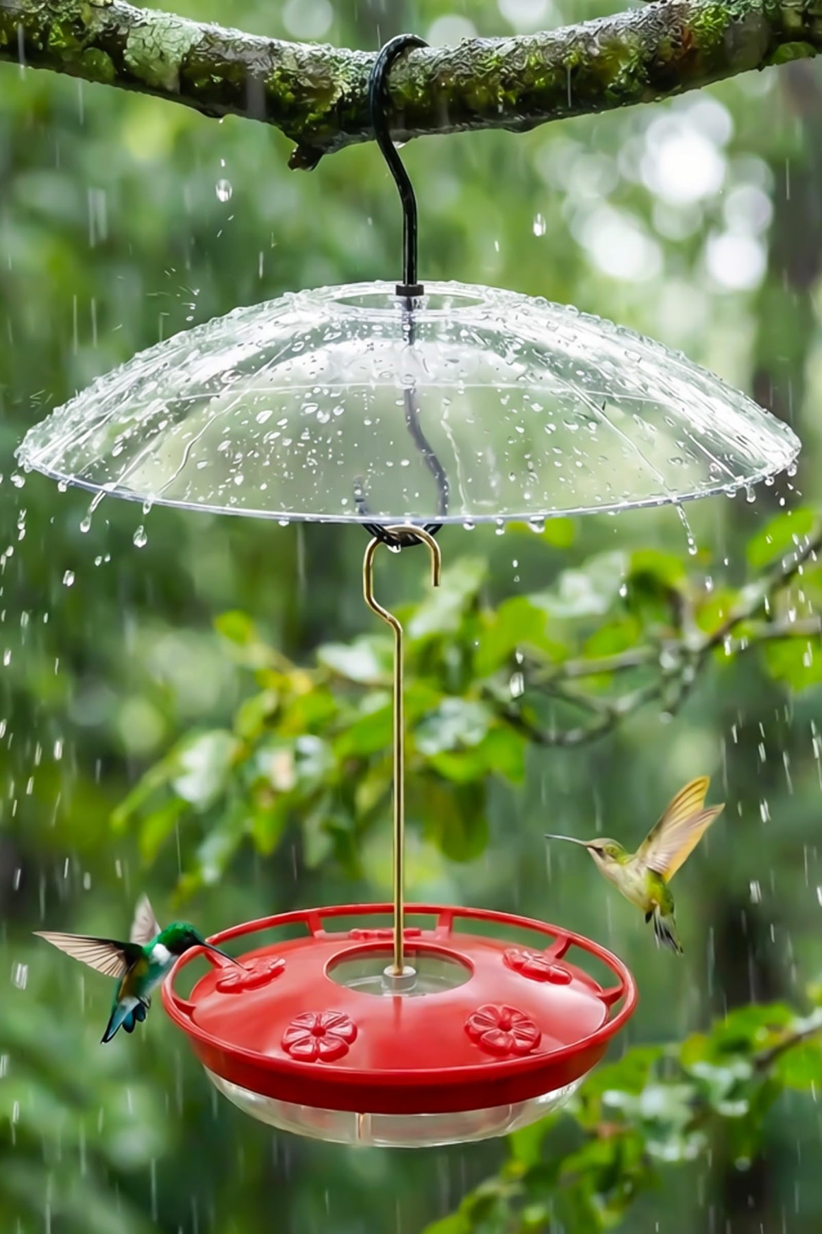 FEED GARDEN hummingbird feeder outdoors with leak-proof dome keeps nectar tidy for visiting birds.