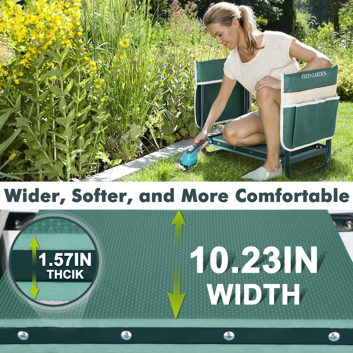 FEED GARDEN kneeling pad 10.23-inch wide provides extra comfort.