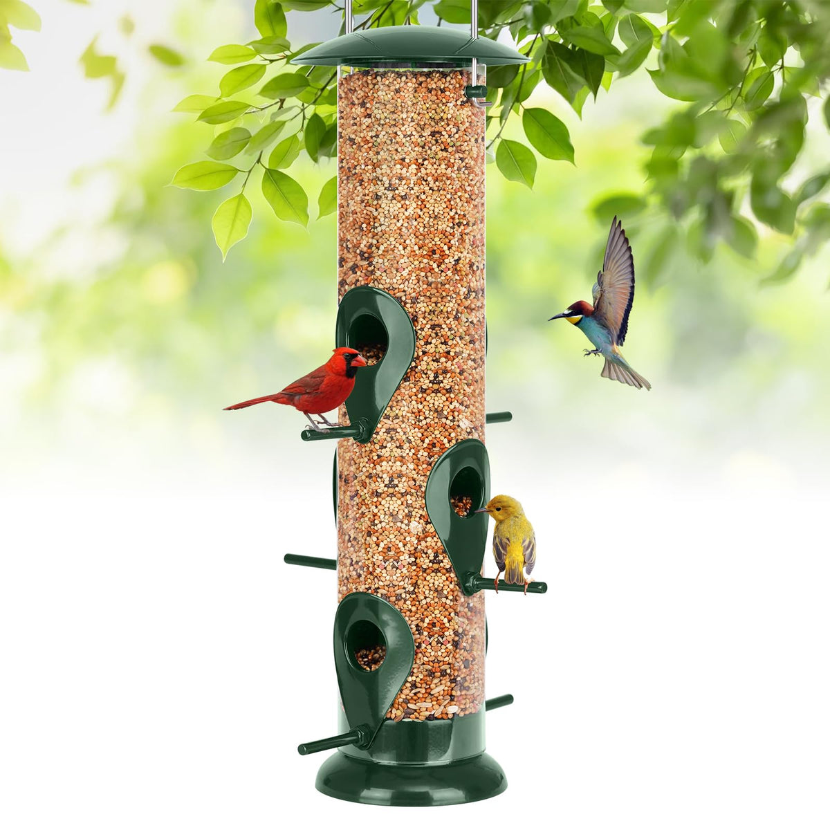 FEED GARDEN metal bird feeder with 6-port design for busy backyard feeding.