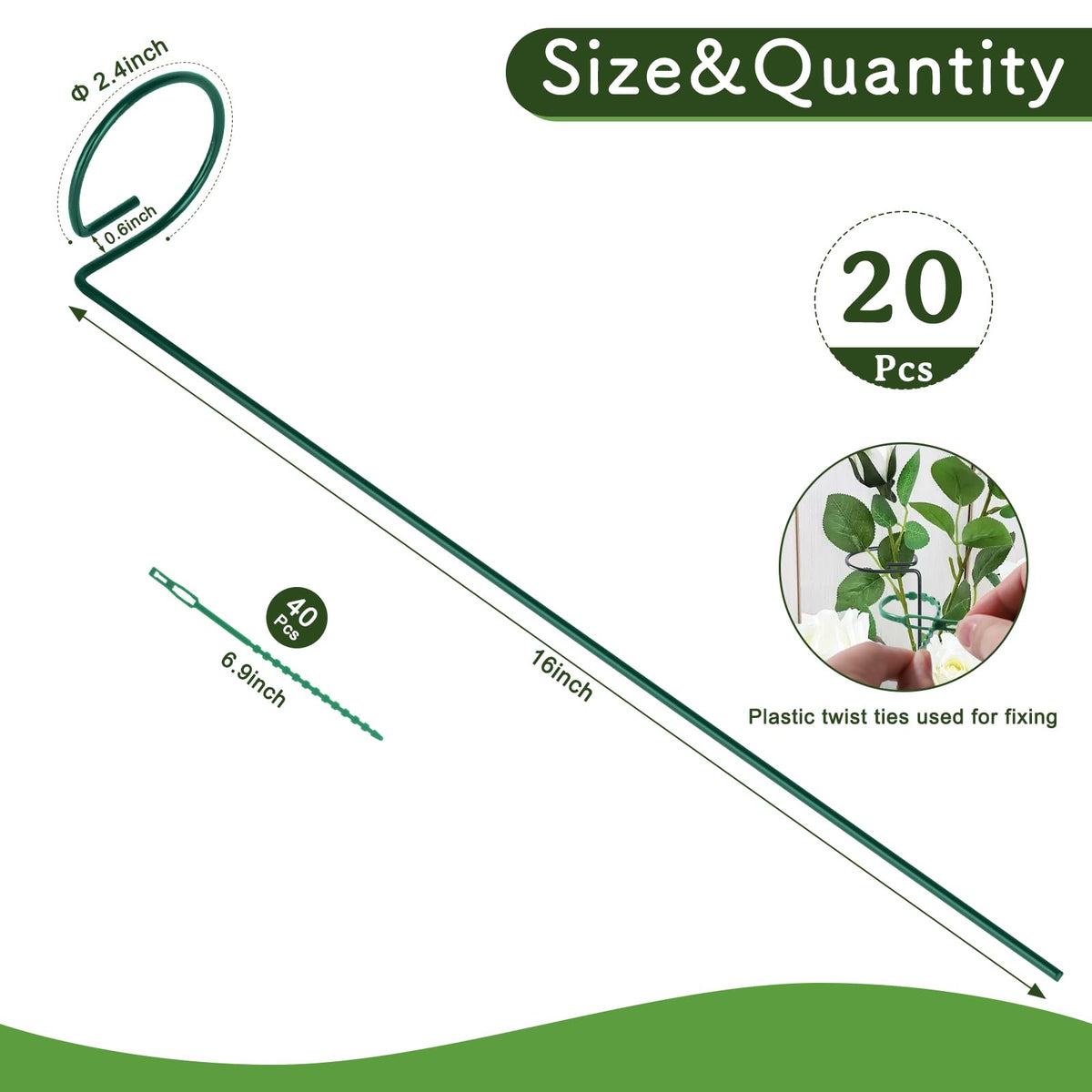 Green-coated FEED GARDEN stake blends with plants and resists rust.