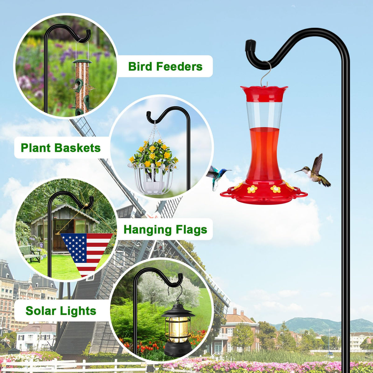 FEED GARDEN multi-use hanging hook with flowers and baskets.