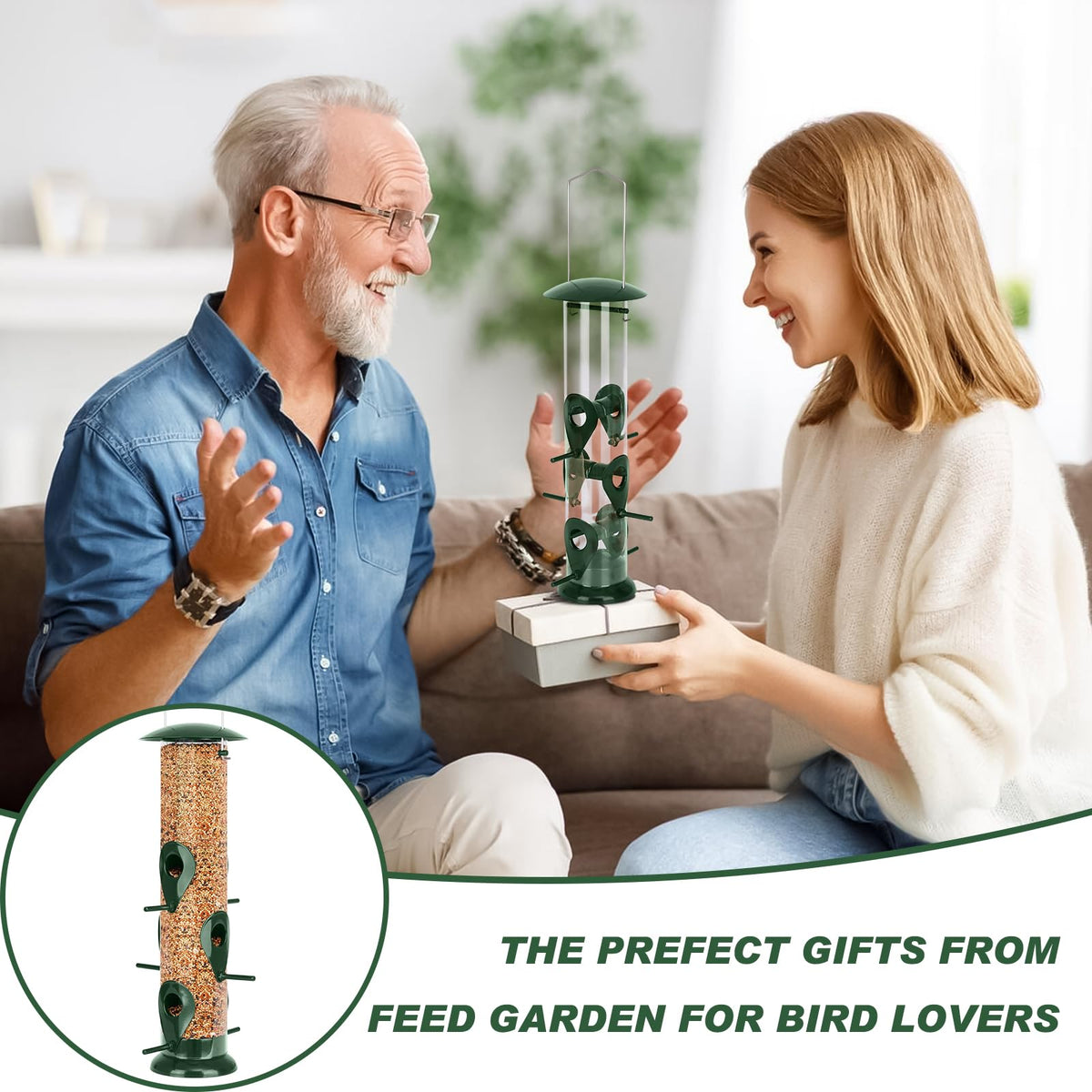 FEED GARDEN outdoor feeder with a 13 inch tube on a patio