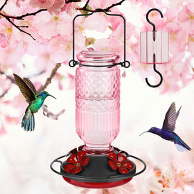 FEED GARDEN pink glass feeder adds bright outdoor charm