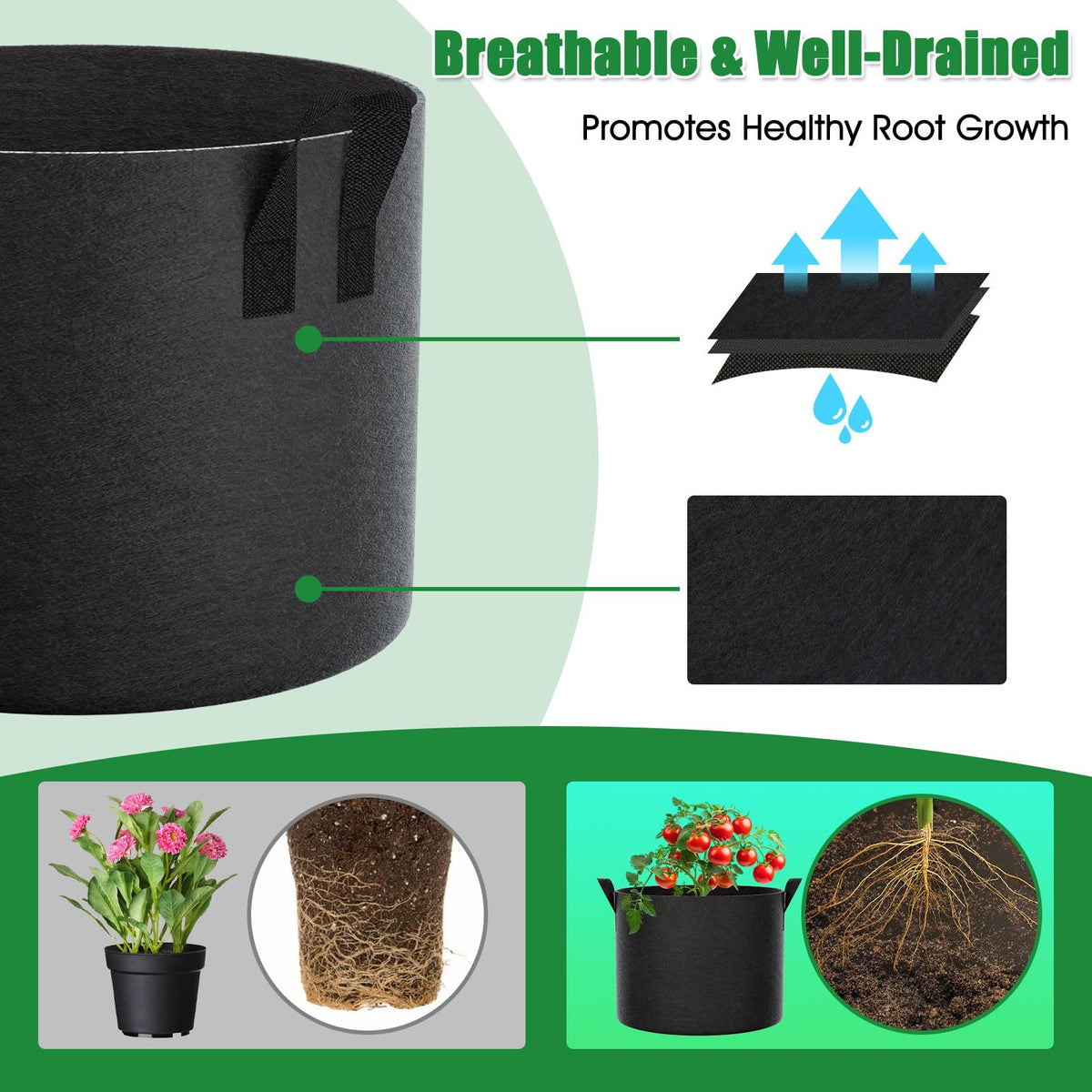 FEED GARDEN reinforced handles—easy lifting when bags are soil-filled