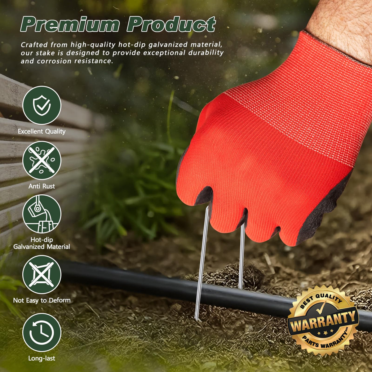 FEED GARDEN sharp-end pin easily penetrates soil for quick installation.