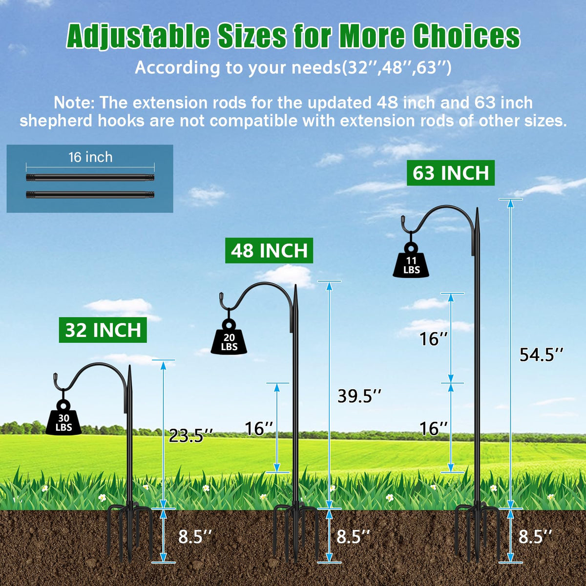 FEED GARDEN adjustable shepherd hook shows height flexibility for baskets or lanterns.