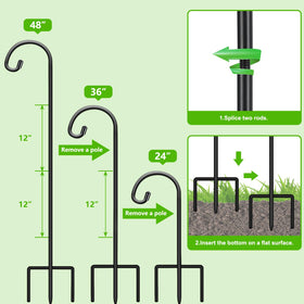 FEED GARDEN shepherd hook holding lanterns and wind chimes for ambiance