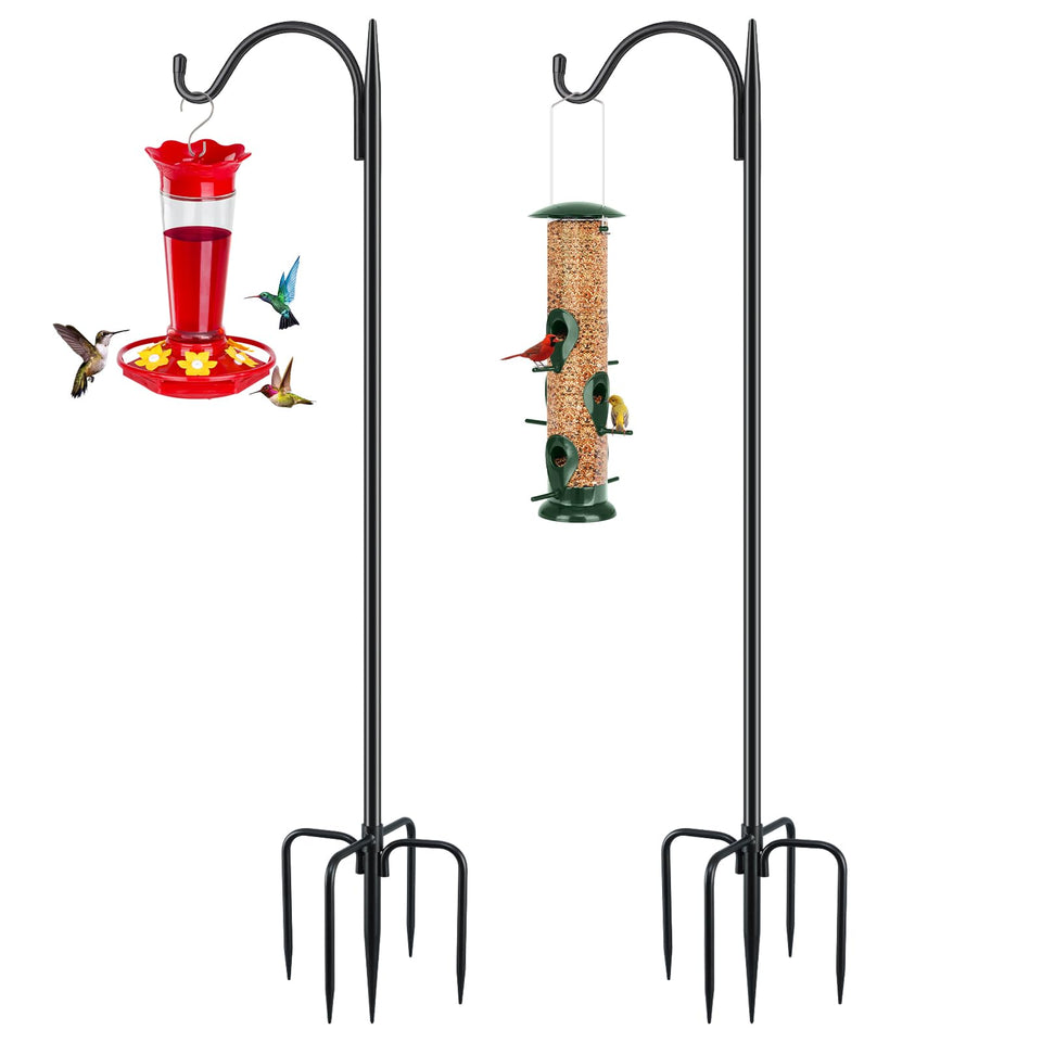 FEED GARDEN short shepherds hook with five-prong base offers stable anchoring for outdoor displays.