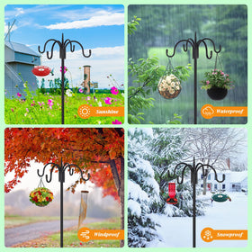 FEED GARDEN solar lanterns hung on sturdy shepherd hooks.